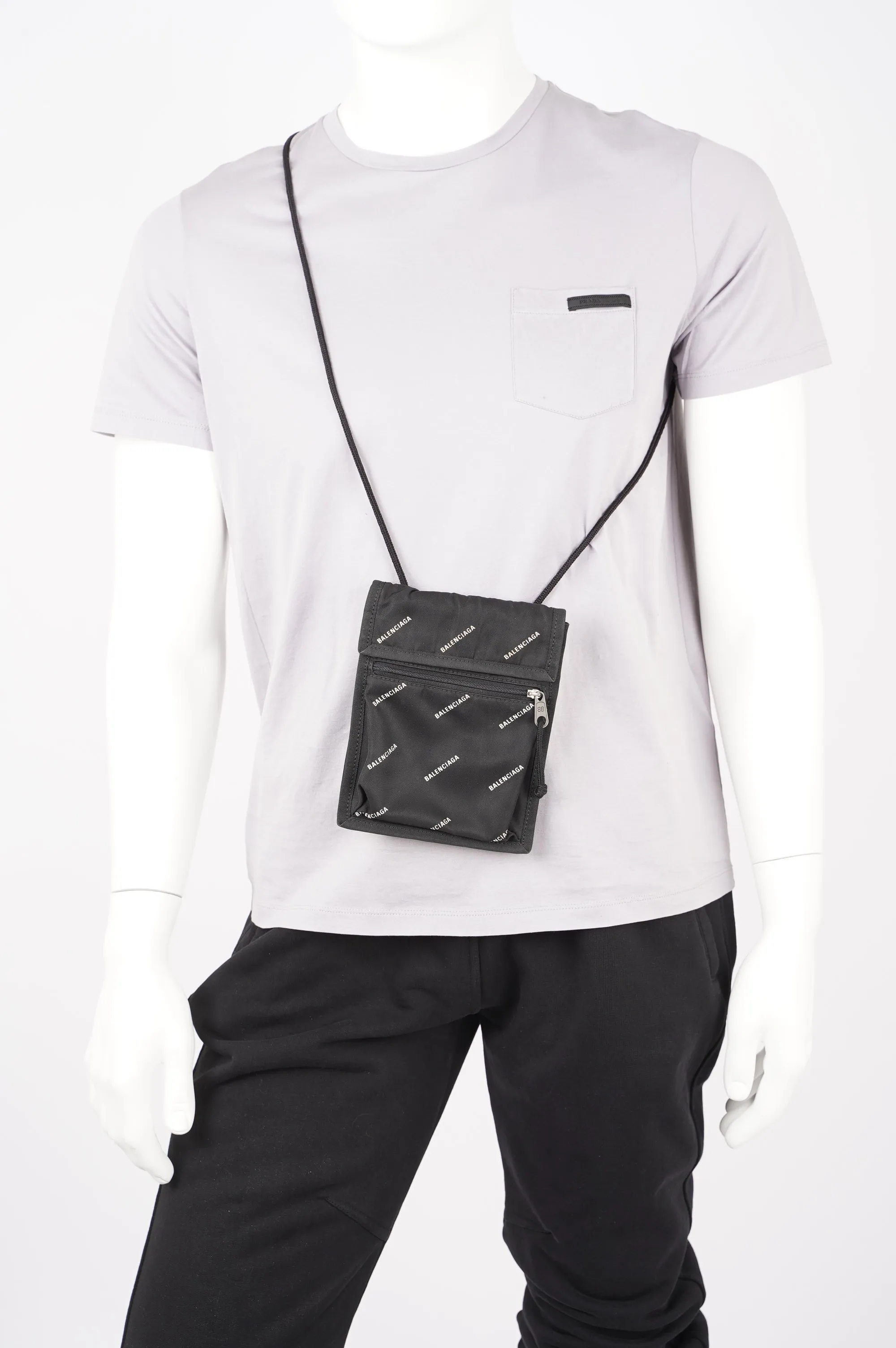 Balenciaga Mens Explorer Pouch Black Logo All Over Small