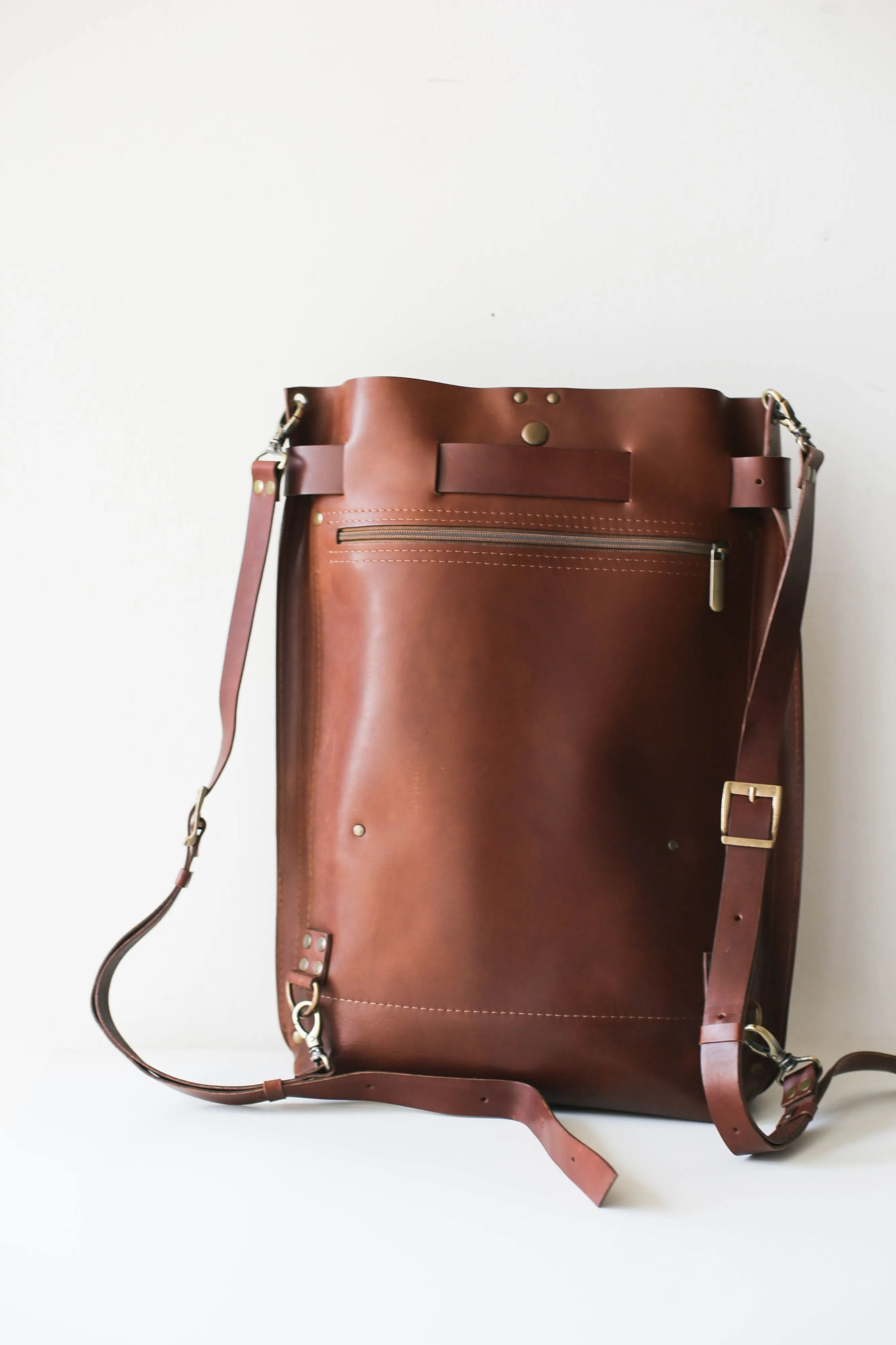 Brown Large Leather Backpack w/Front Zipper Pocket