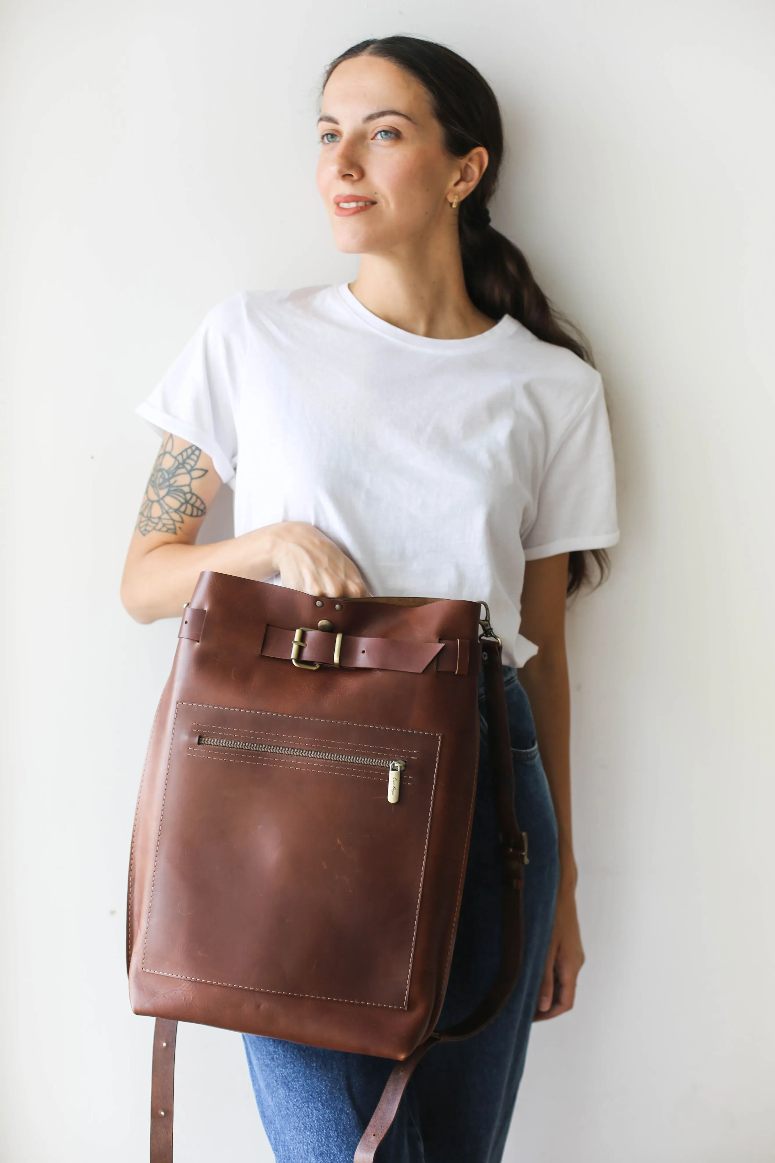 Brown Large Leather Backpack w/Front Zipper Pocket