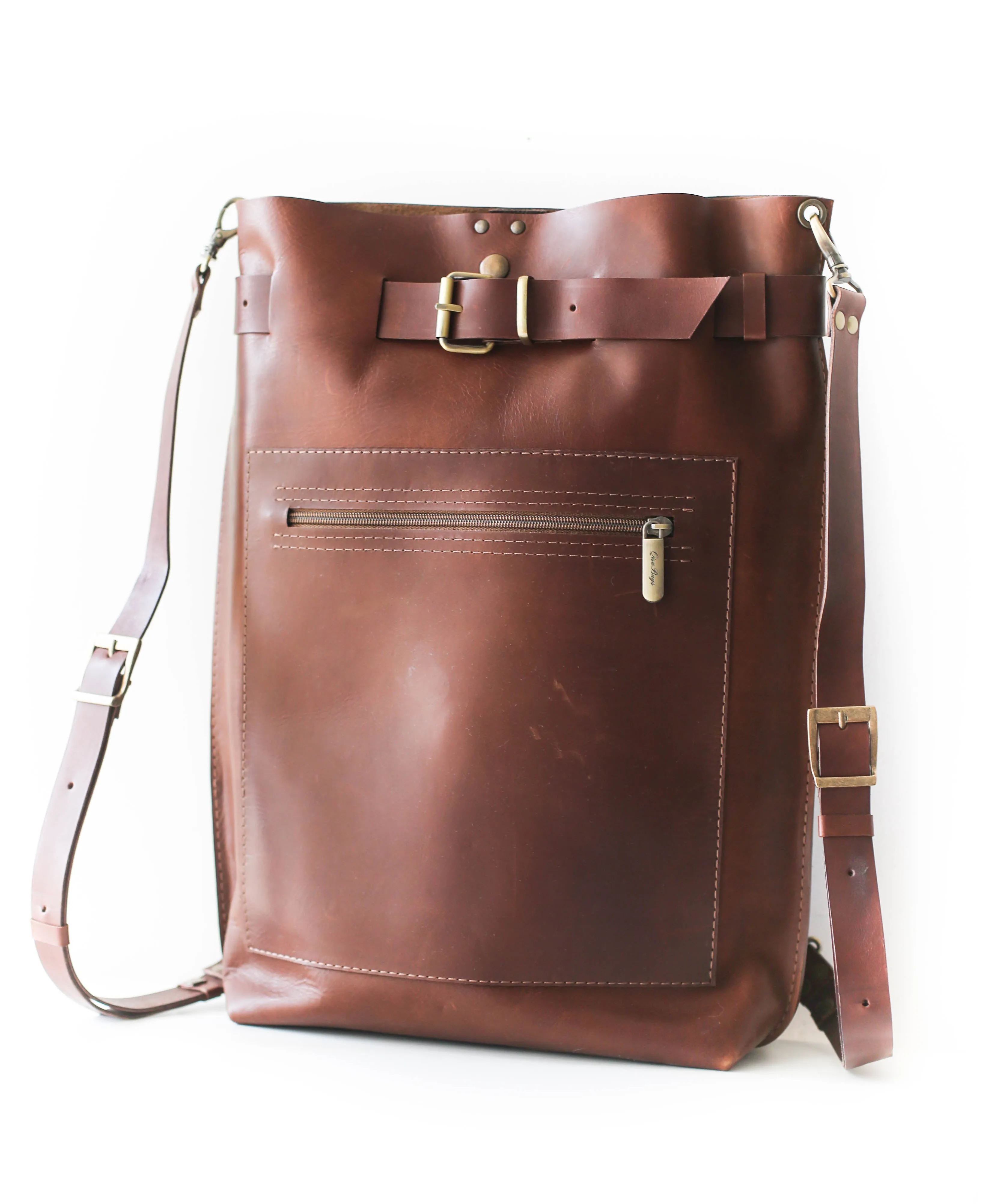 Brown Large Leather Backpack w/Front Zipper Pocket