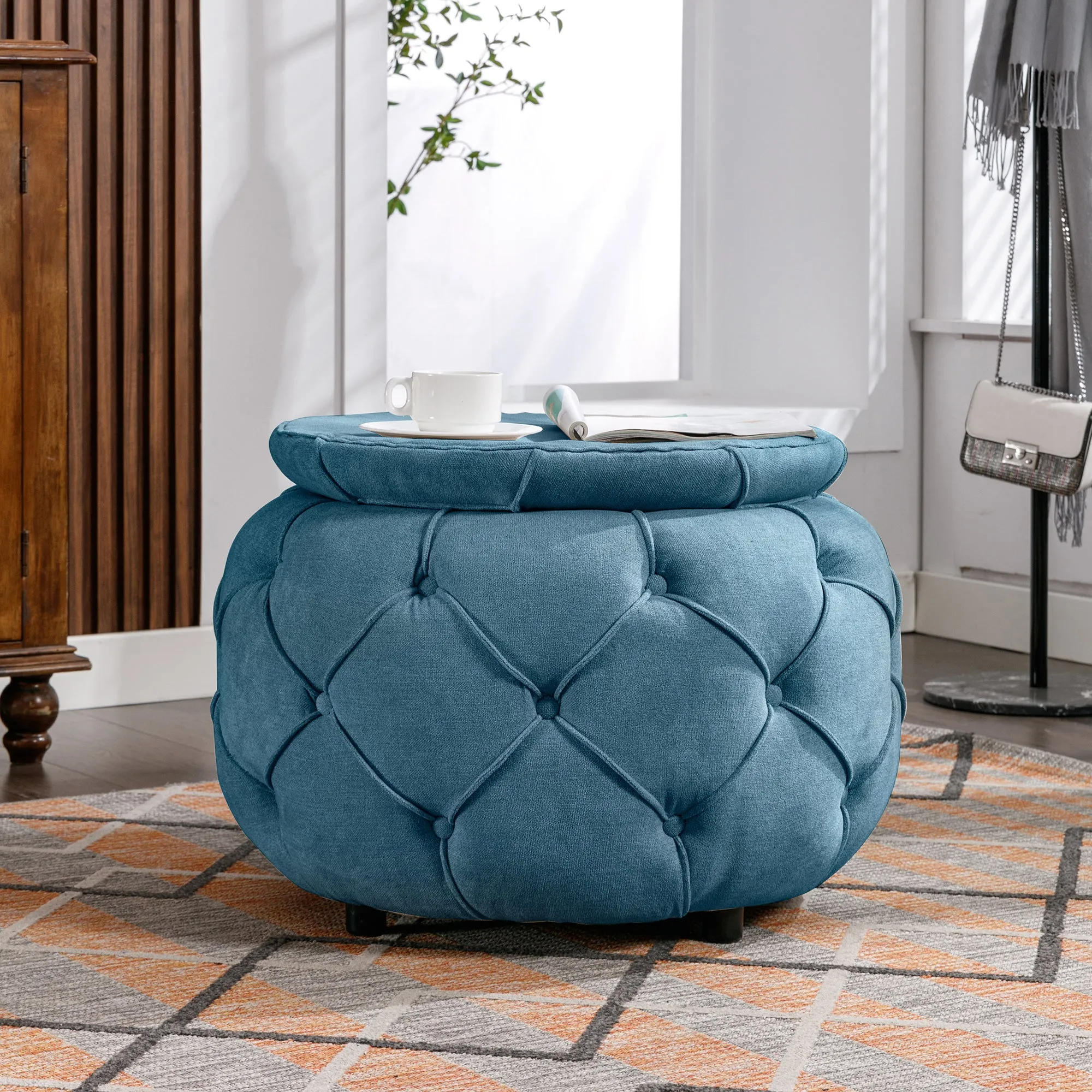 Button Tufted Round Storage Ottoman, Burlap Blue