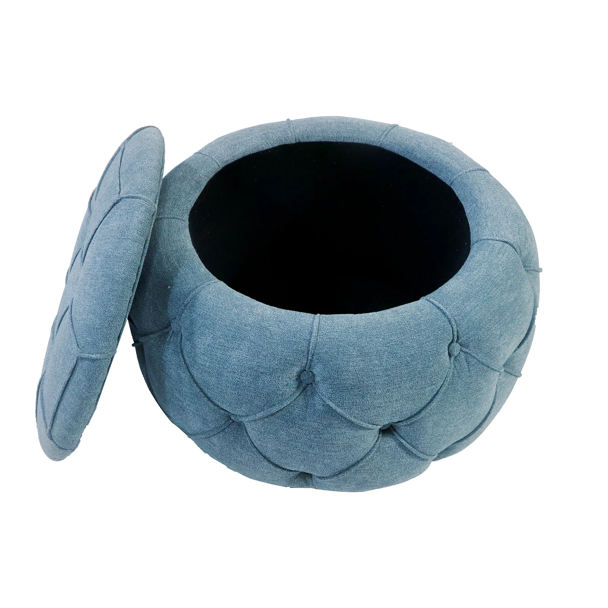 Button Tufted Round Storage Ottoman, Burlap Blue