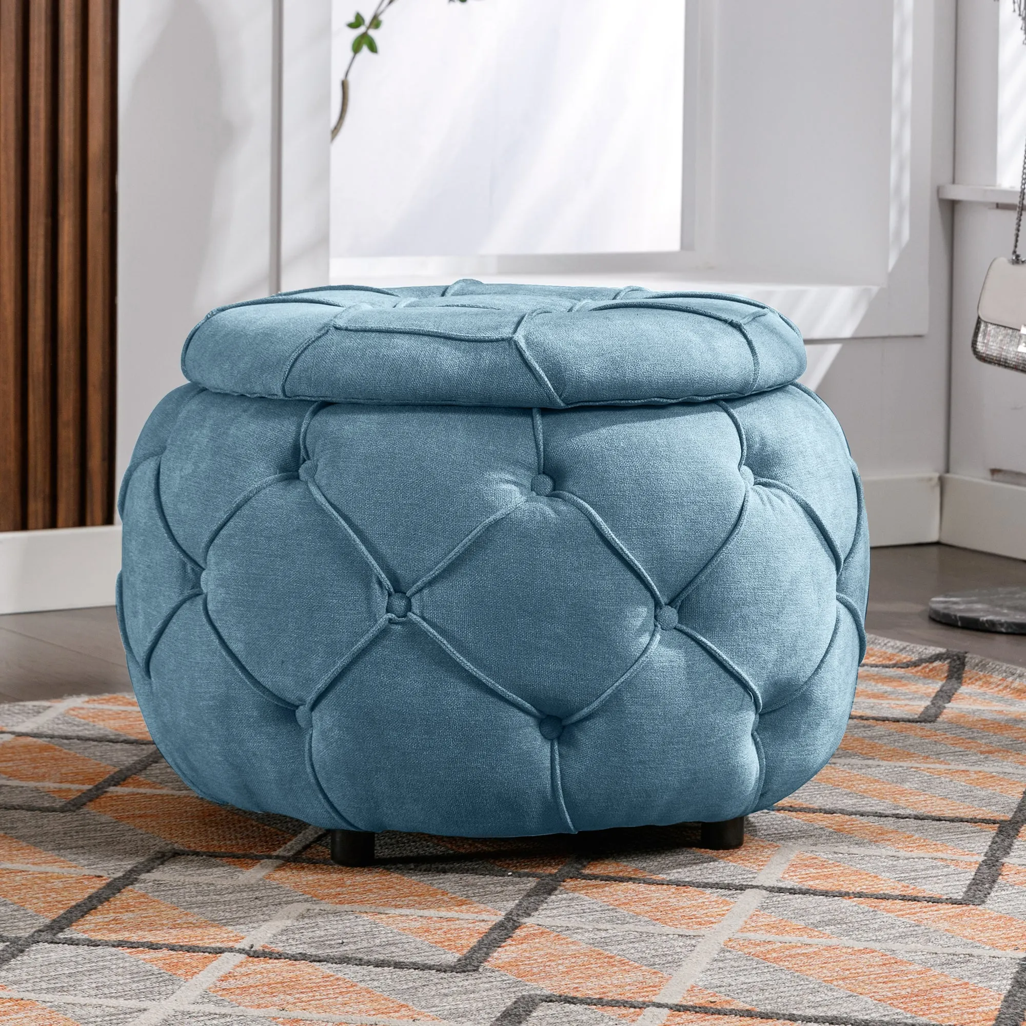 Button Tufted Round Storage Ottoman, Burlap Blue