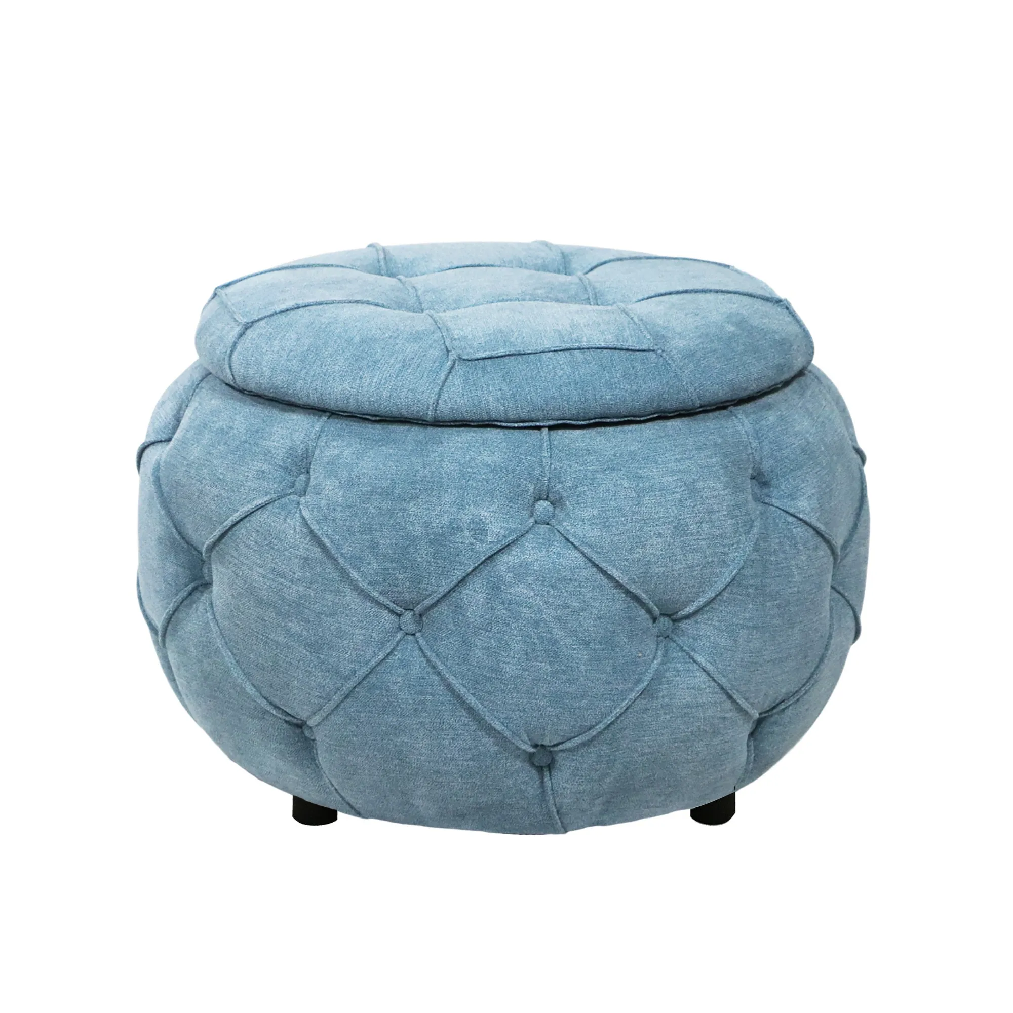 Button Tufted Round Storage Ottoman, Burlap Blue