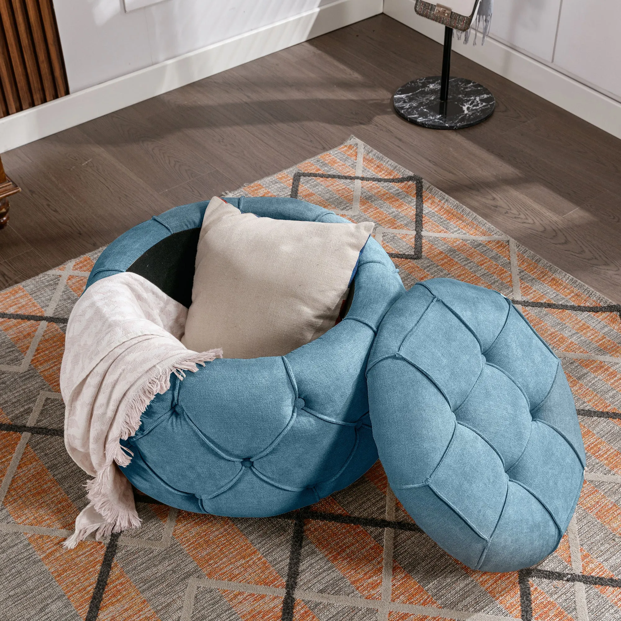 Button Tufted Round Storage Ottoman, Burlap Blue