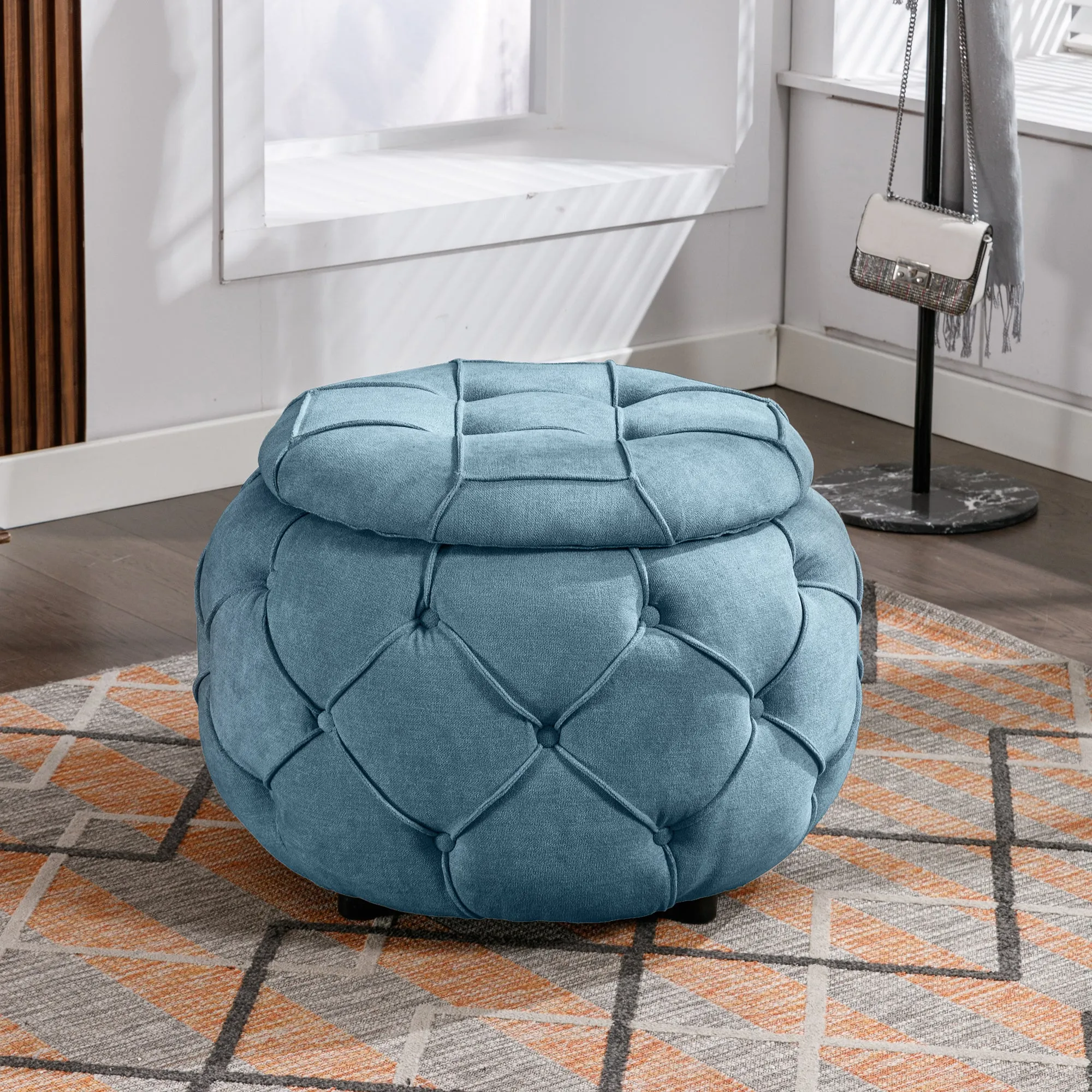 Button Tufted Round Storage Ottoman, Burlap Blue