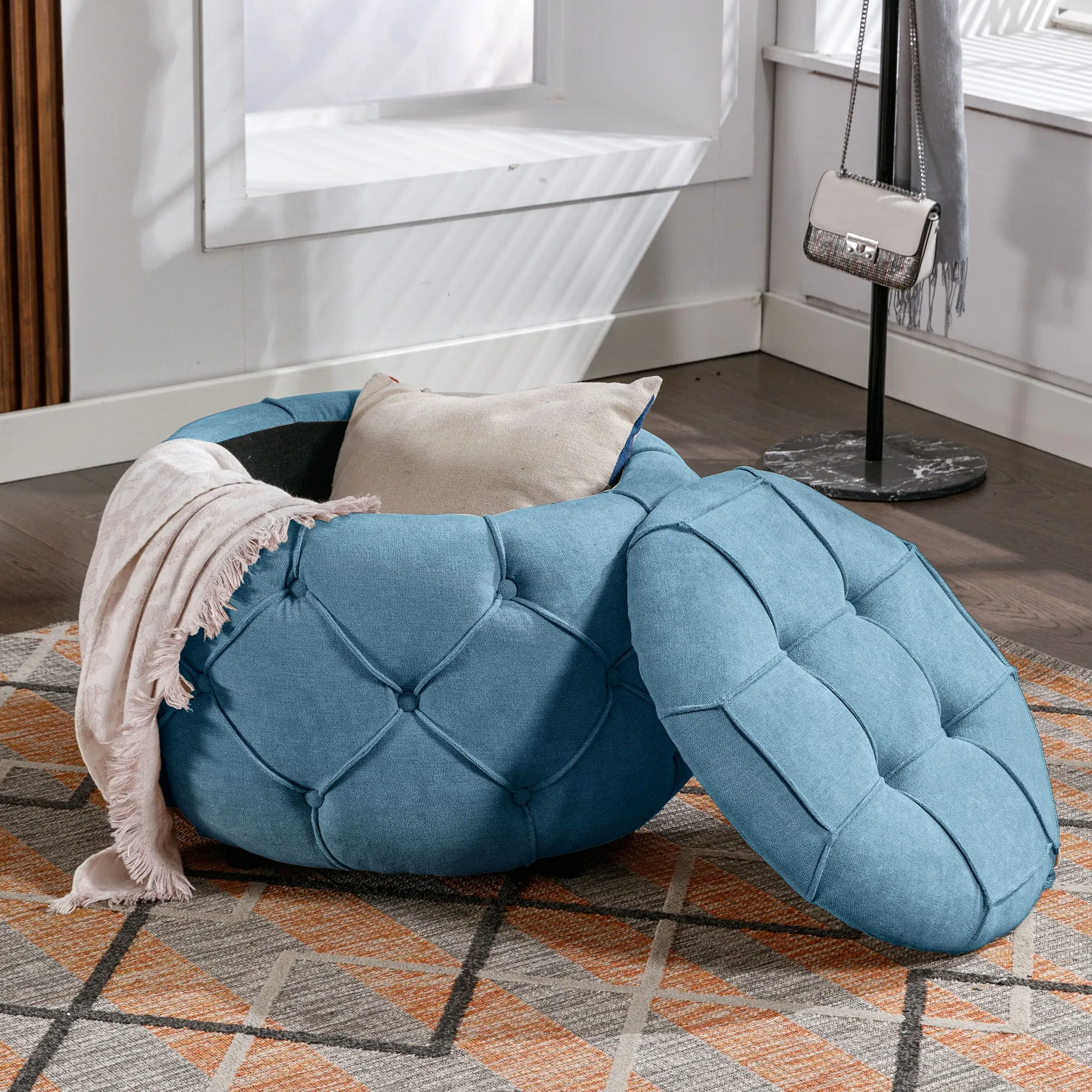 Button Tufted Round Storage Ottoman, Burlap Blue