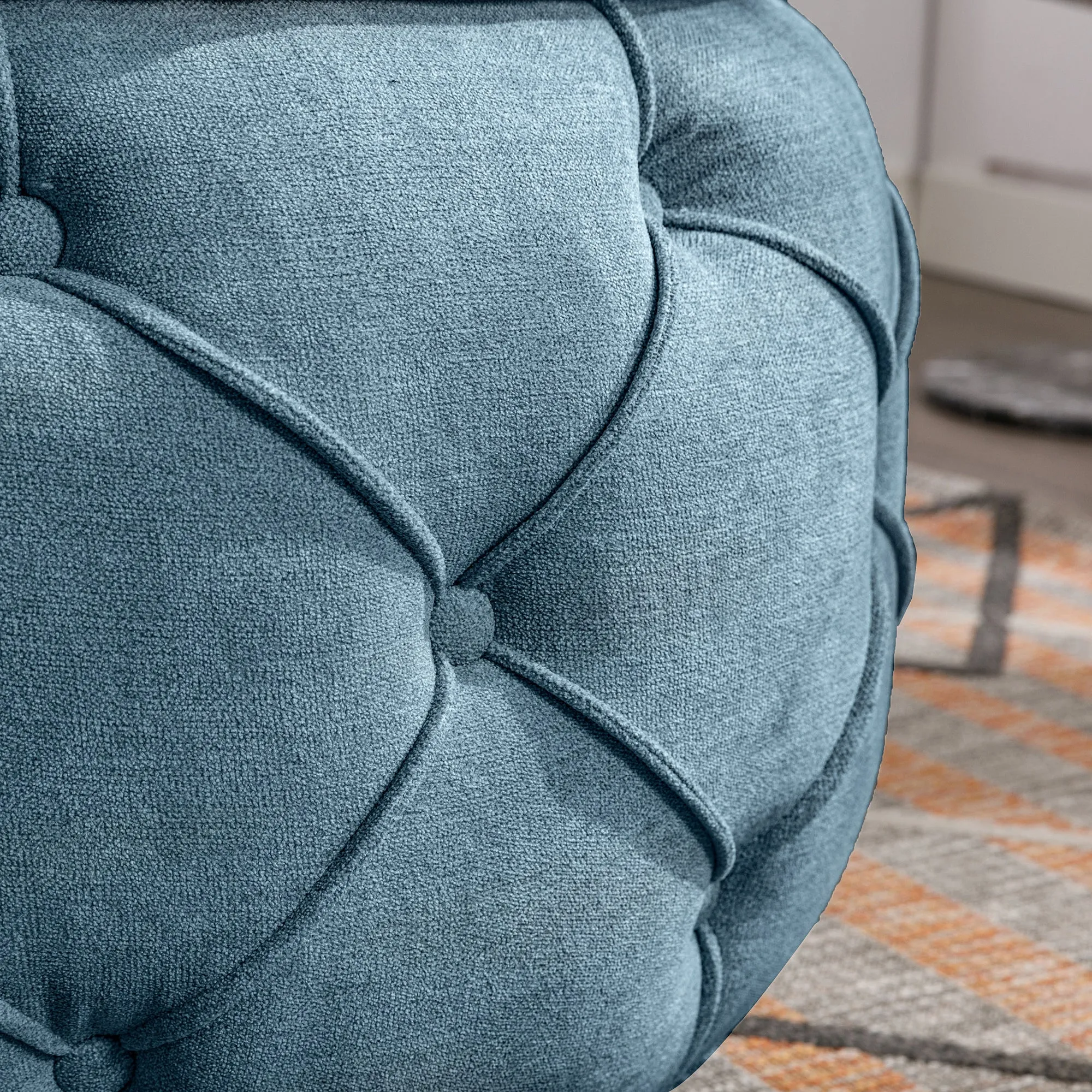 Button Tufted Round Storage Ottoman, Burlap Blue
