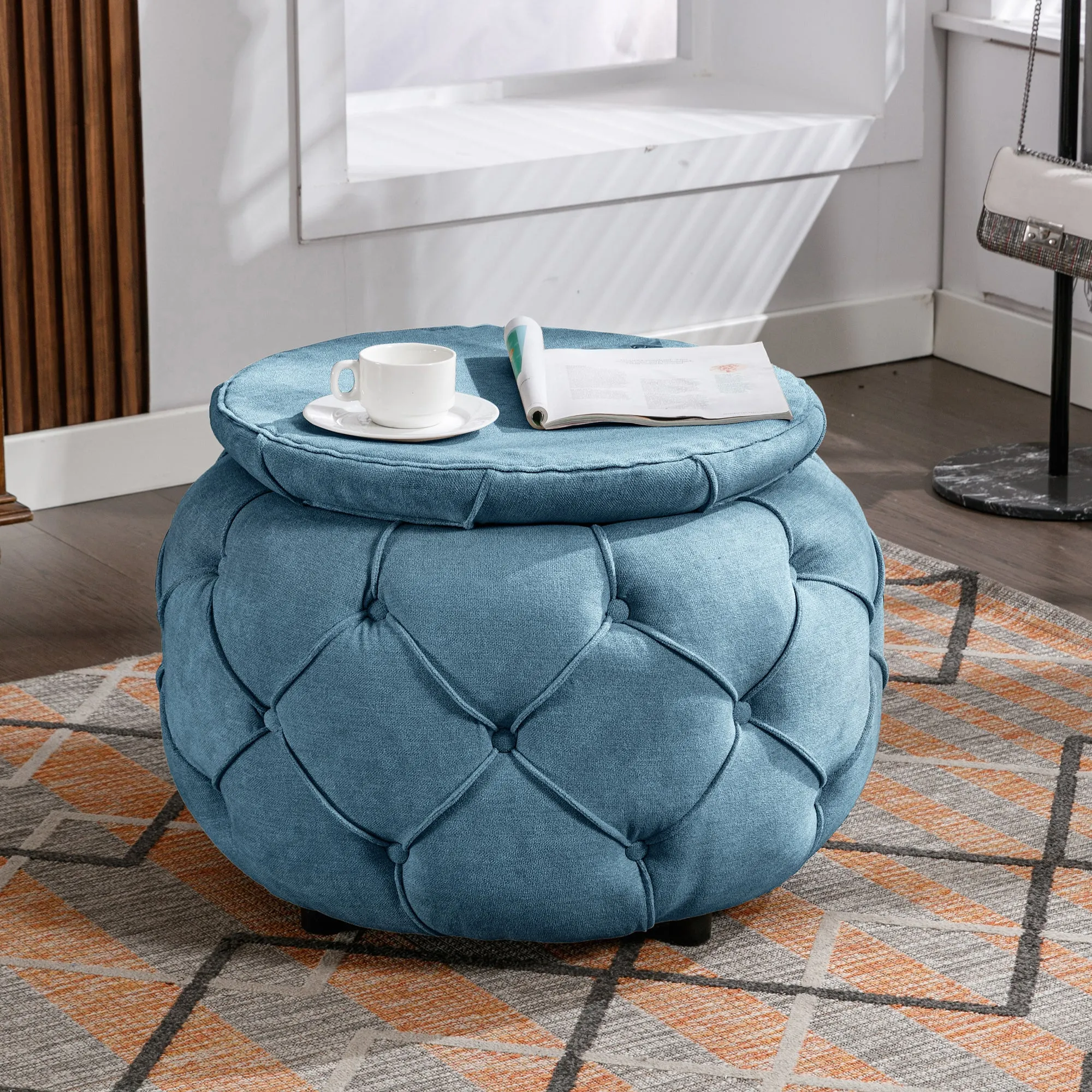 Button Tufted Round Storage Ottoman, Burlap Blue