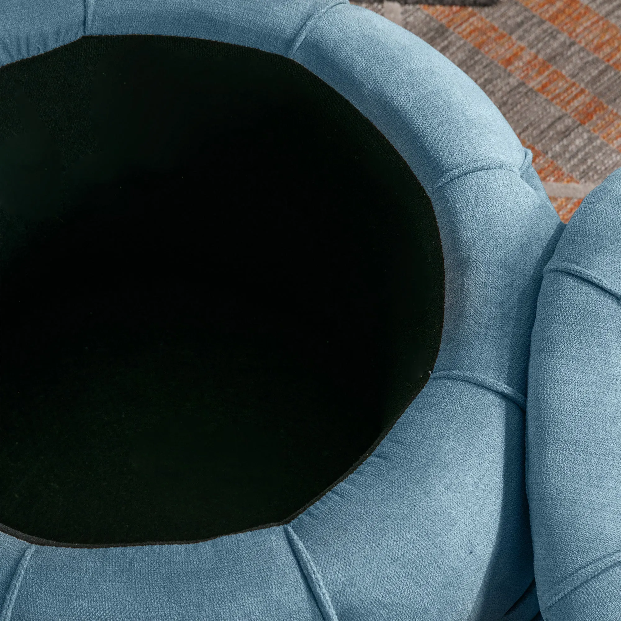 Button Tufted Round Storage Ottoman, Burlap Blue