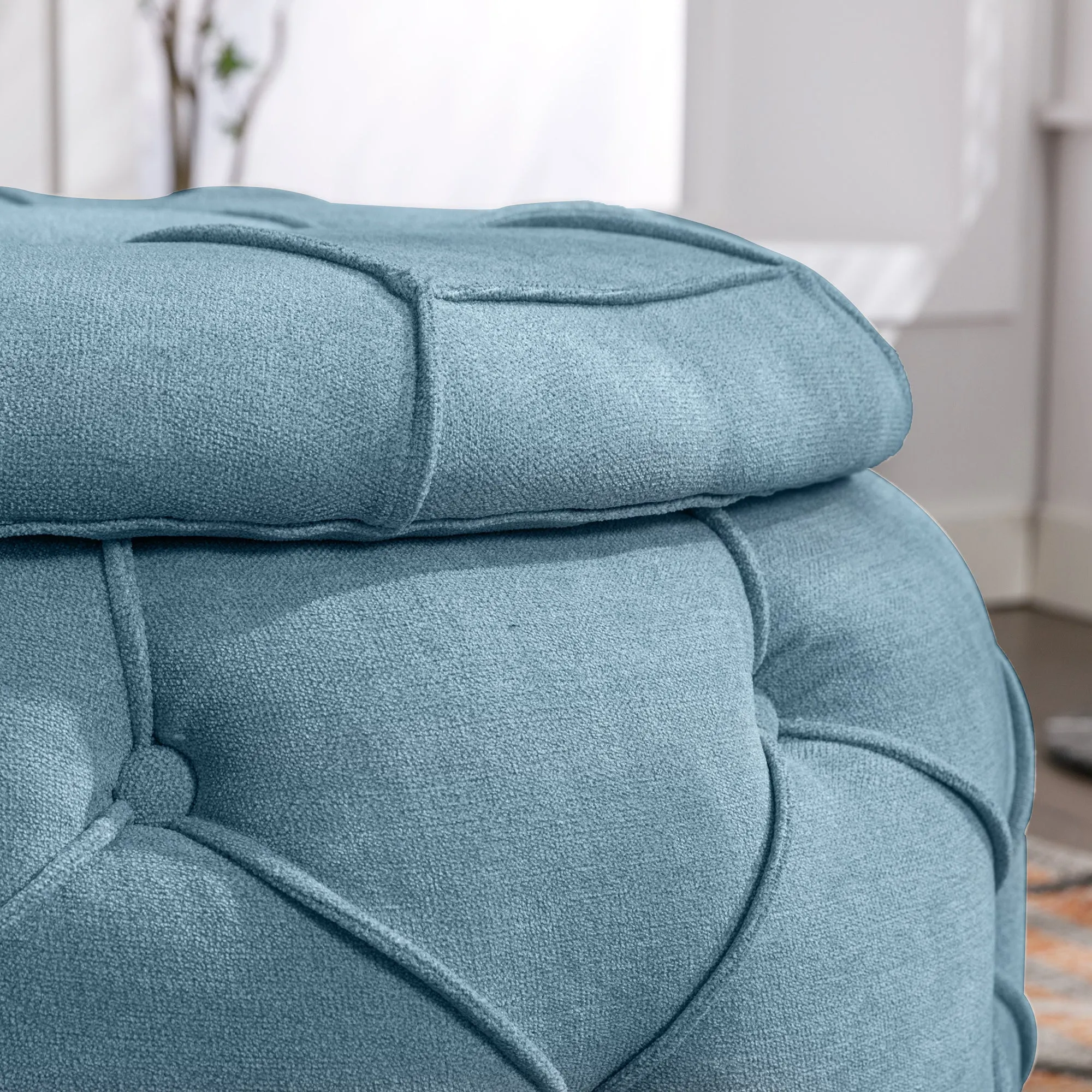 Button Tufted Round Storage Ottoman, Burlap Blue