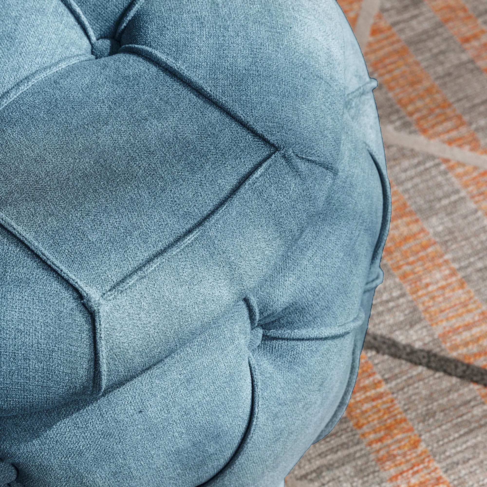 Button Tufted Round Storage Ottoman, Burlap Blue