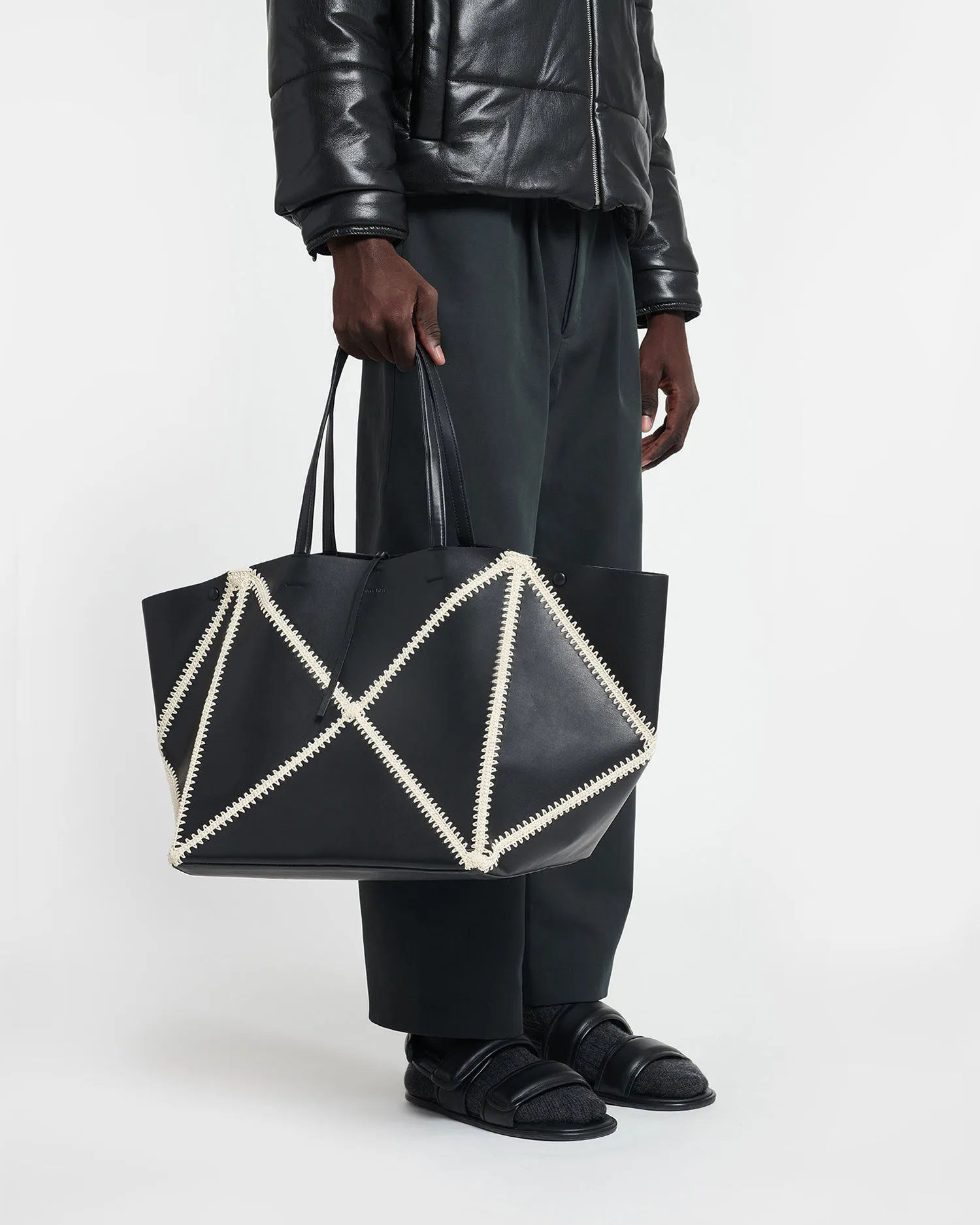 Origami Tote Large - Alt-Nappa Crochet Tote - Black/Crme