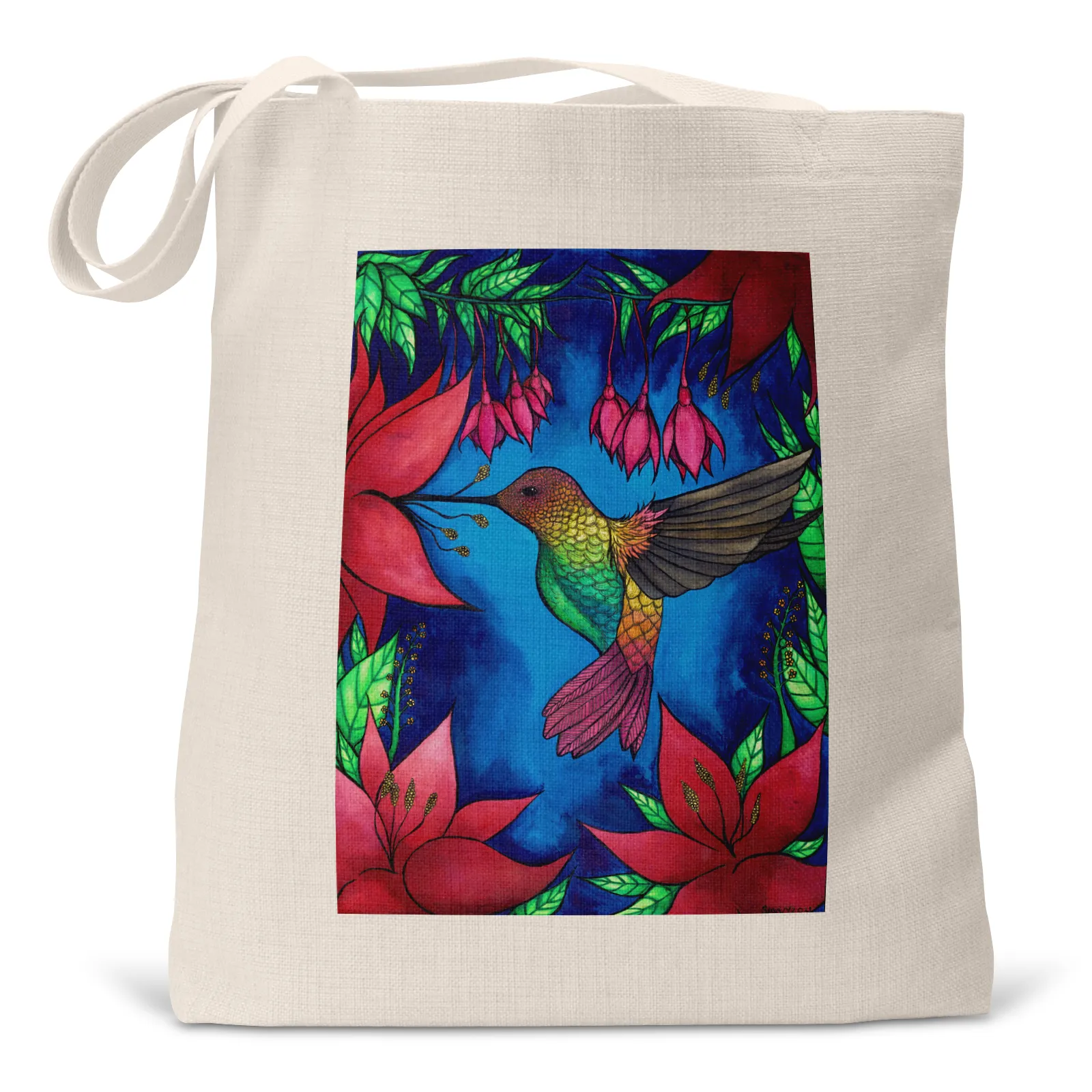 "Isabelle's Hummingbird" - Small/Large Linen Tote