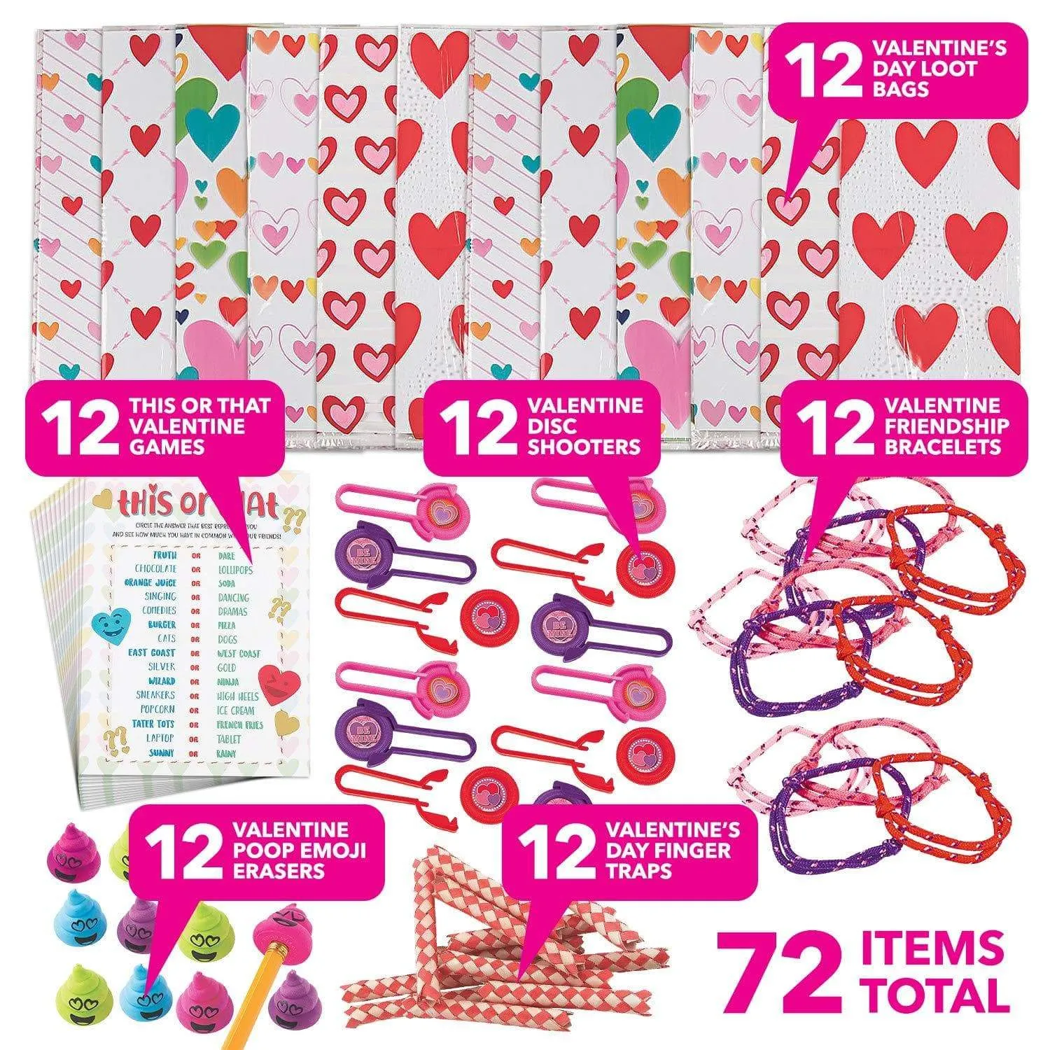 Valentine Party Favors for Kids - Surprise Toy and Game Assortment for Valentine Gifts and Classroom Parties (72 Pieces Total, Fills 12 Goody Bags)